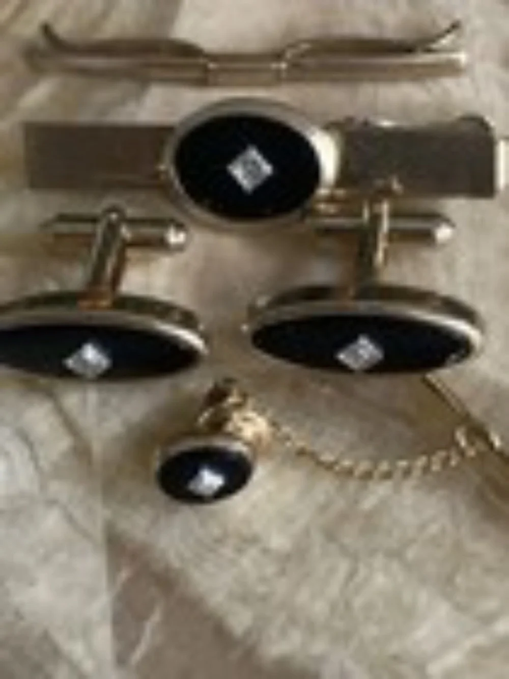 Vintage ANSON Black Onyx Crystal Cufflinks & Foster Tie Bar Set Gold Tone Tuxedo